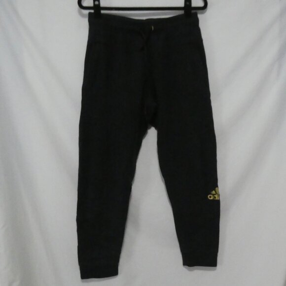 ADIDAS | medium | Textured Black Sweatpants | Printed Gold Adidas Logo On Leg - Picture 1 of 16